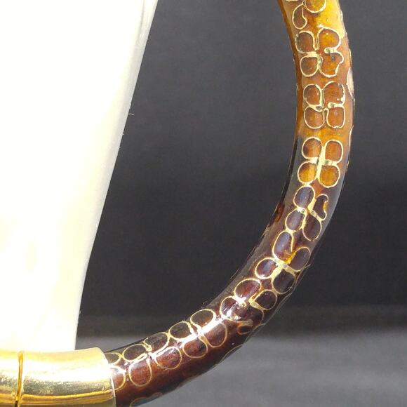 Vintage Hinged Floral Bangle Bracelet, Cloisonne Enamel, Gold Plate Safety Chain - Picture 2 of 10